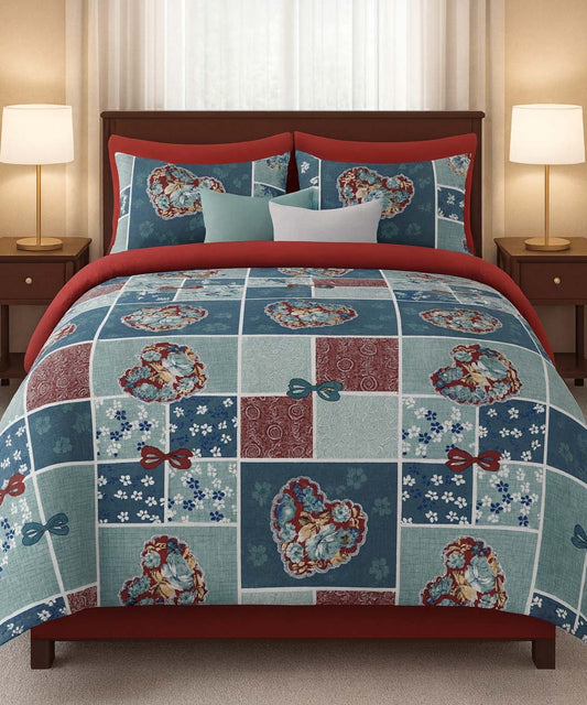 Blue Heart Serenity – 200 GSM Pure Cotton Double Bedsheet with Pillow Covers |90x100 inches)