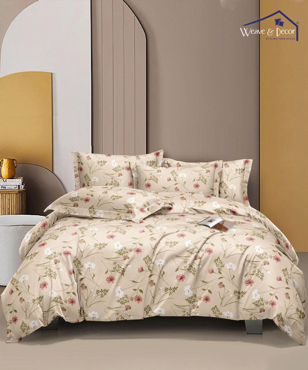 Cream Floral  Flat Double Bedsheet With 2 Pillow Covers