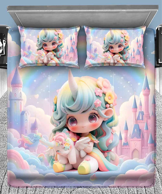 Cute Unicorn Princess 7D Flat Double Bedsheet with 2 Pillow Covers