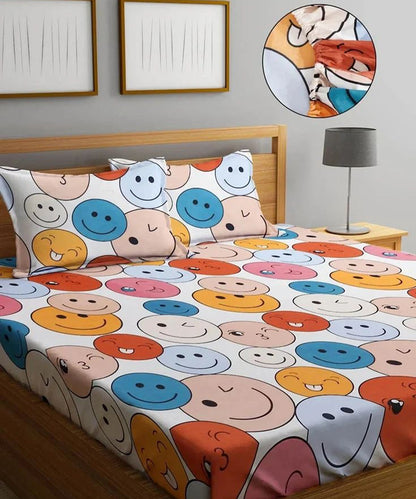 Cute Smiley Queen Fitted Bedsheet With 2 Pillow Covers