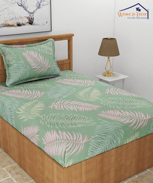 Green Leaves Single Bedsheet With 1 Pillow Cover