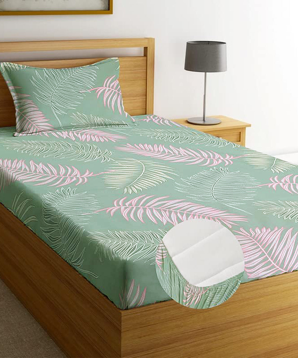 Green Leaves Single Bedsheet With 1 Pillow Cover