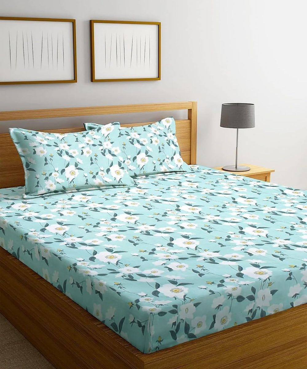 Green Blossom Fitted Bedsheet With Pillow Cover