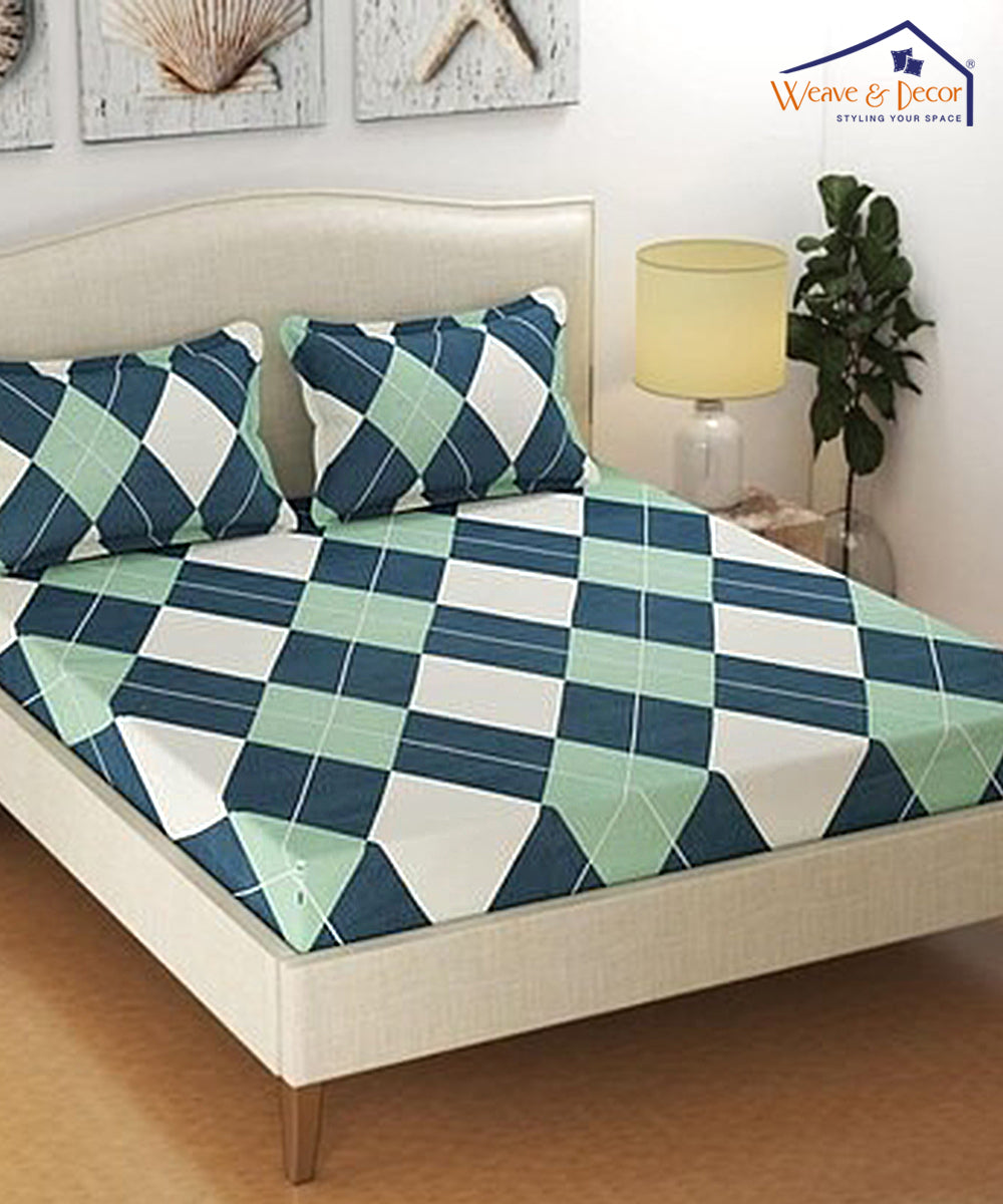 Blue-Green Geometric Fitted Bedsheet With Pillow Cover