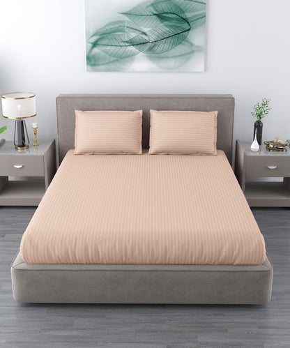 Cream Satin Stripe Flat Double Bedsheet With 2 Pillow Covers
