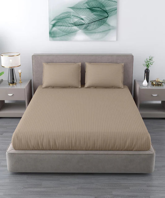 Dark Beige Satin Stripe Flat Bedsheet with Pillow Cover