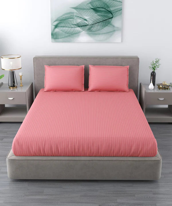 Coral Satin Stripe Flat Bedsheet with Pillow Cover