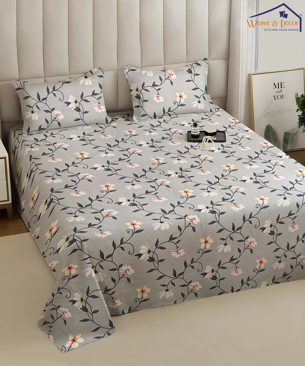 Grey Petals    Flat Bedsheet With Pillow Covers