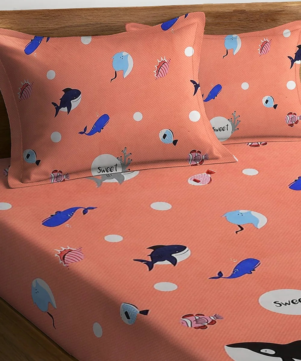 Pink dolphins Kids Flat Bedsheet With Pillow Covers