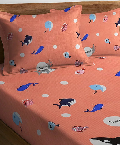 Pink dolphins Kids Flat Bedsheet With Pillow Covers