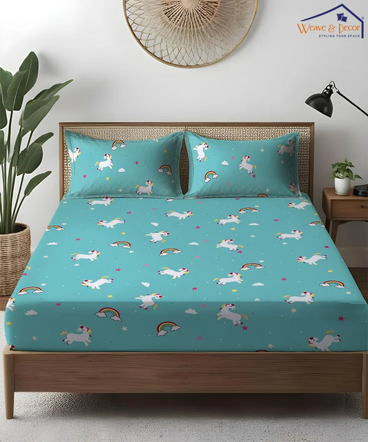 Blue Unicorn Kids Flat Bedsheet With Pillow Covers