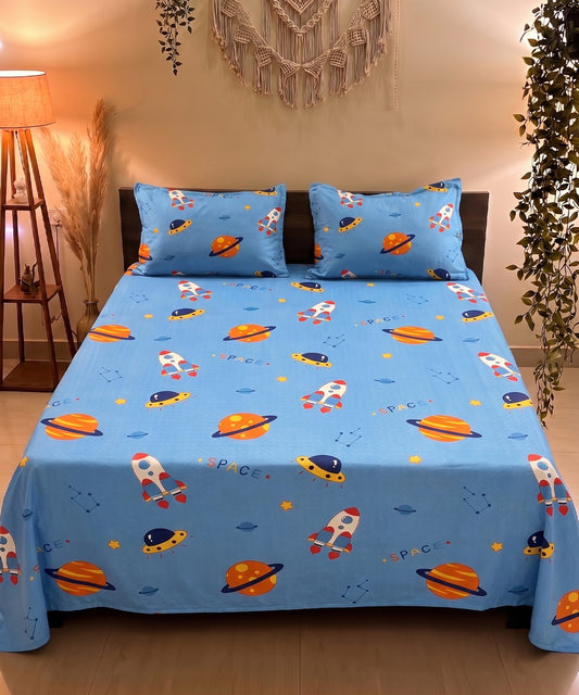 Space Adventure Blue Kids Flat Double Bedsheet With 2 Pillow Covers