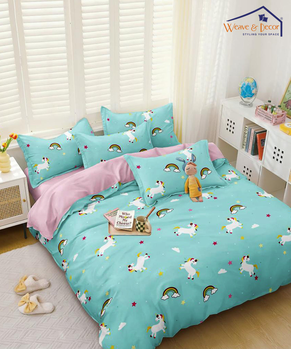 Blue Unicorn Kids Bedsheet  With Pillow Cover