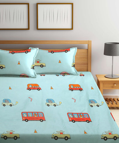 Blue Kids Queen Fitted Bedsheet With 2 Pillow Covers