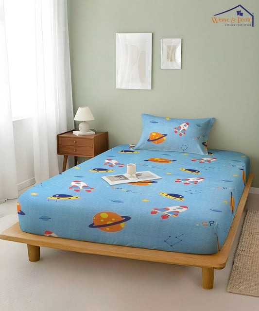 Space Adventure Blue Kids Bedsheet With Pillow Covers