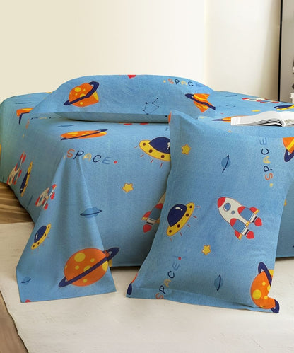 Space Adventure Blue Kids Bedsheet With Pillow Covers