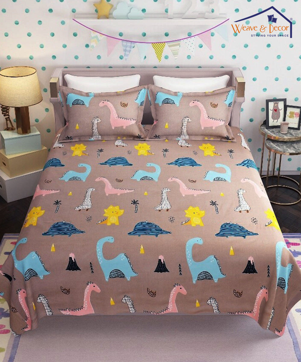 Dino Wonderland Kids Bedsheet  With Pillow Cover