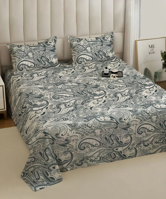 Sage Paisley Charm Cotton Double Bedsheet with Pillow Covers