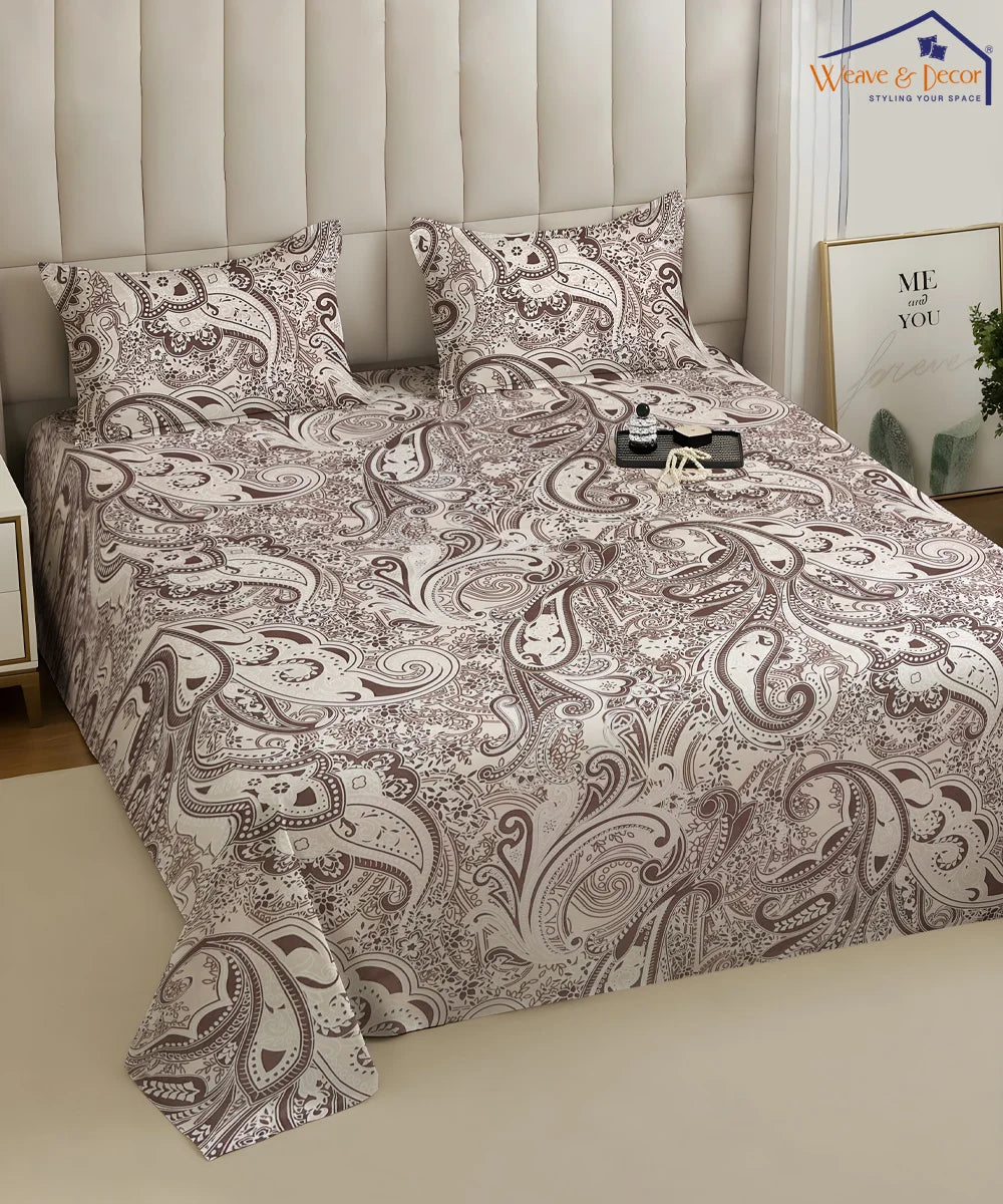 Taupe Paisley Elegance Cotton Bedsheet With 2 Pillow Covers
