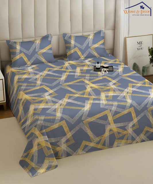Slate Blue Geometric Charm Cotton Bedsheet With 2 Pillow Covers
