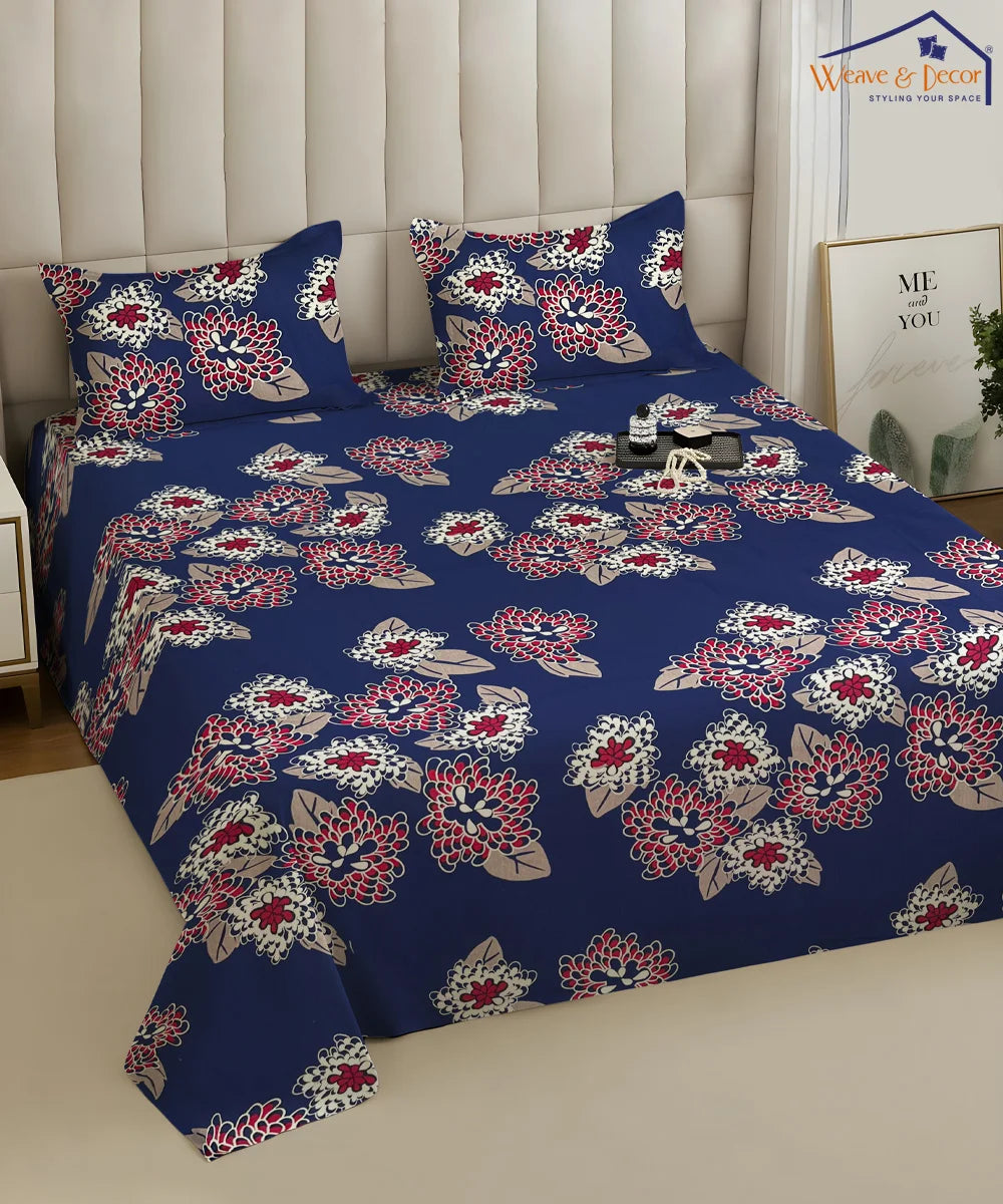 Midnight Bloom Floral Cotton Double Bedsheet with Pillow Covers