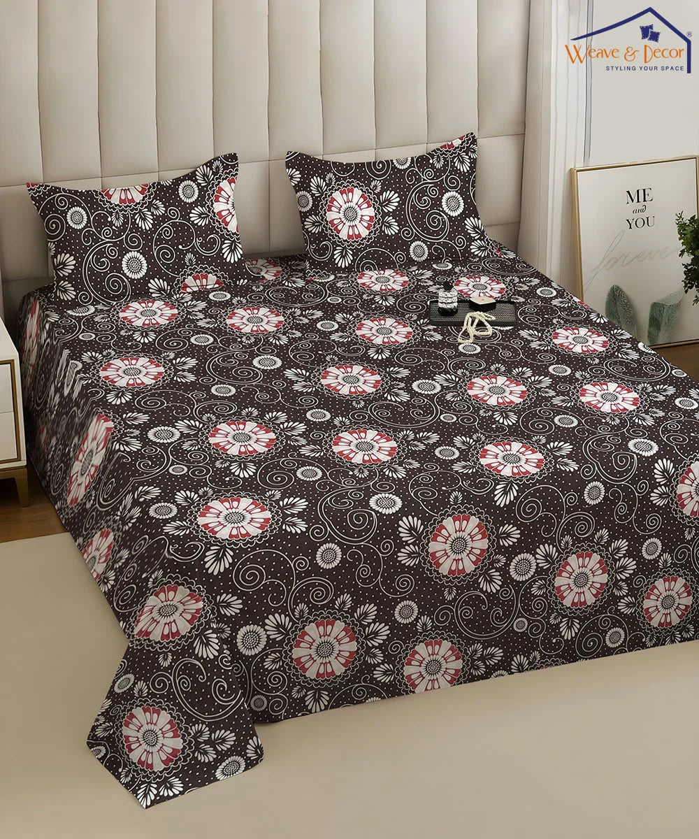 Midnight Floral Swirl Cotton Bedsheet With 2 Pillow Covers
