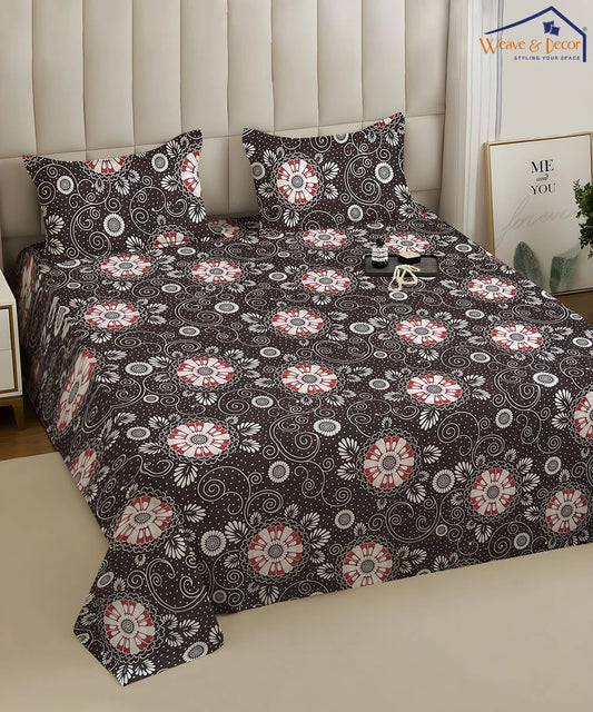 Midnight Floral Swirl Cotton Bedsheet With 2 Pillow Covers
