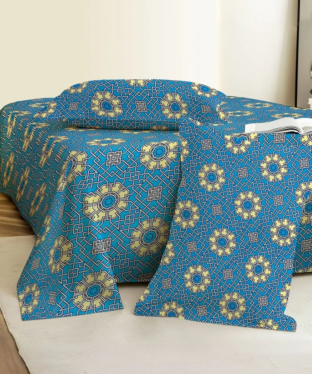 Azure Mosaic Charm Cotton Double Bedsheet with Pillow Covers