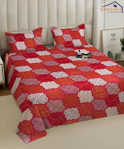 Crimson Mosaic Elegance Cotton Double Bedsheet with Pillow Covers