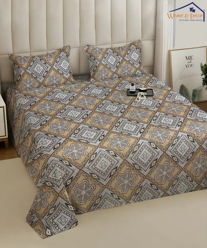 Sandstone Geo Bloom Cotton Bedsheet With 2 Pillow Covers