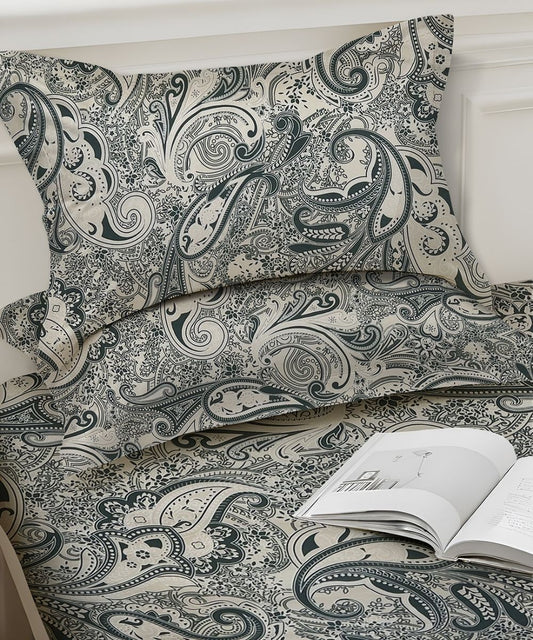 Sage Paisley Charm – 130 GSM Cotton Fitted Bedsheet With Pillow Cover