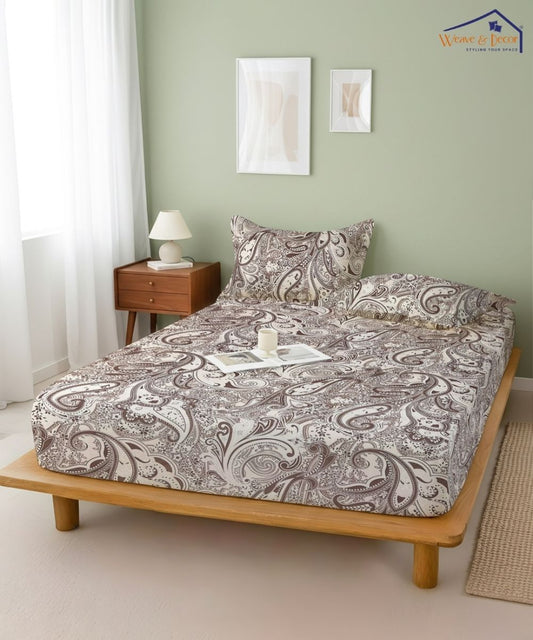 Taupe Paisley Elegance – 130 GSM Cotton Fitted Bedsheet With Pillow Cover