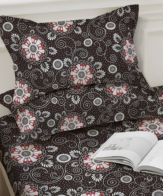 Midnight Floral Swirl – 130 GSM Cotton Fitted Bedsheet With Pillow Cover