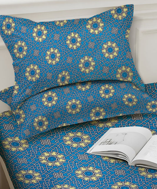 Azure Mosaic Charm – 130 GSM Cotton Fitted Bedsheet With Pillow Cover