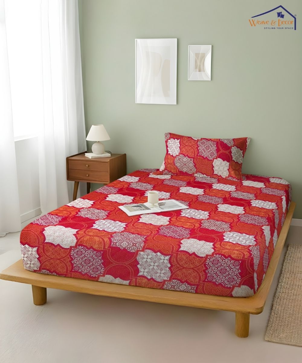 Crimson Mosaic Elegance – 130 GSM Cotton Fitted Bedsheet With Pillow Cover