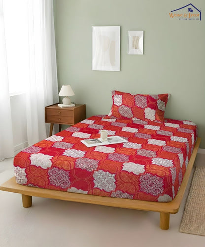 Crimson Mosaic Elegance – 130 GSM Cotton Fitted Bedsheet With Pillow Cover