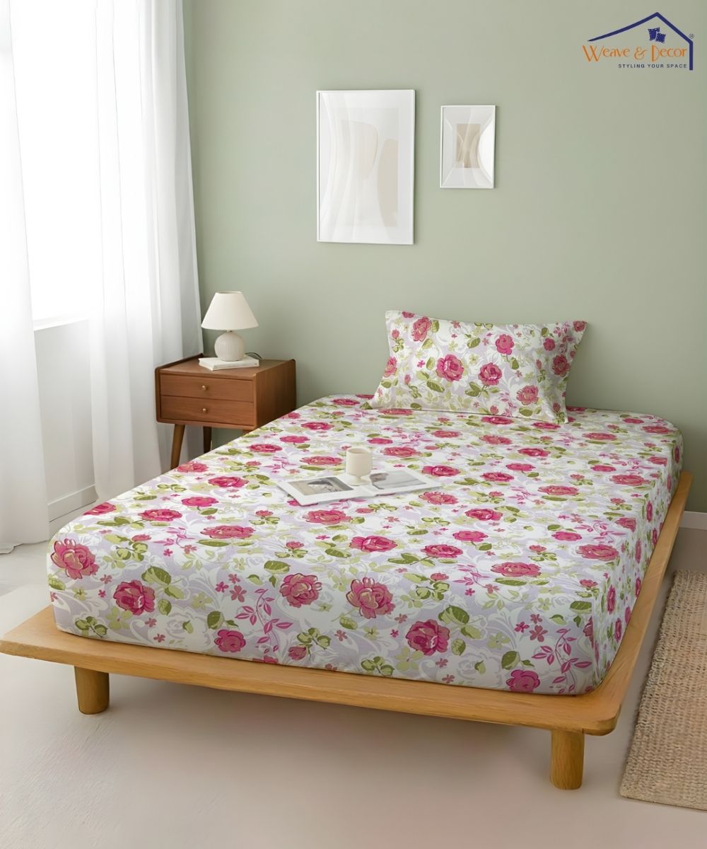 Blush Garden Floral  – 130 GSM Cotton Fitted Bedsheet With Pillow Cover