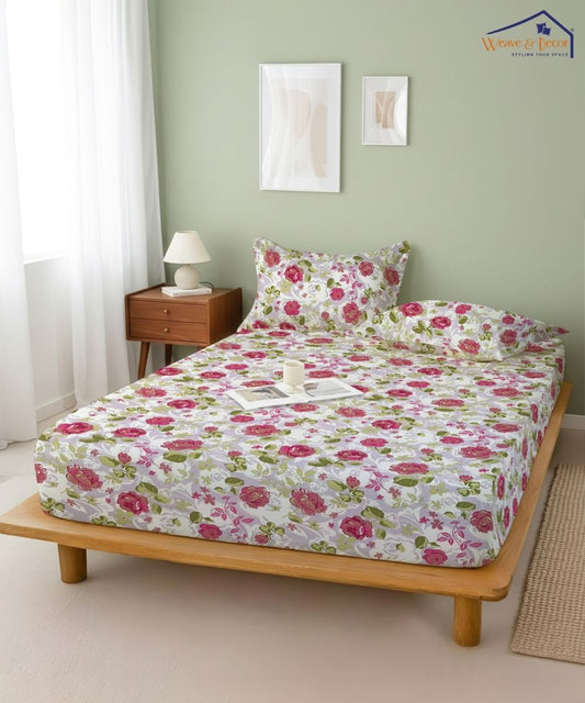 Blush Garden Floral  – 130 GSM Cotton Fitted Bedsheet With Pillow Cover