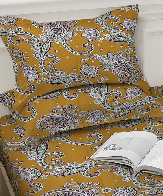 Mustard Paisley Bloom – 130 GSM Cotton Fitted Bedsheet With Pillow Cover