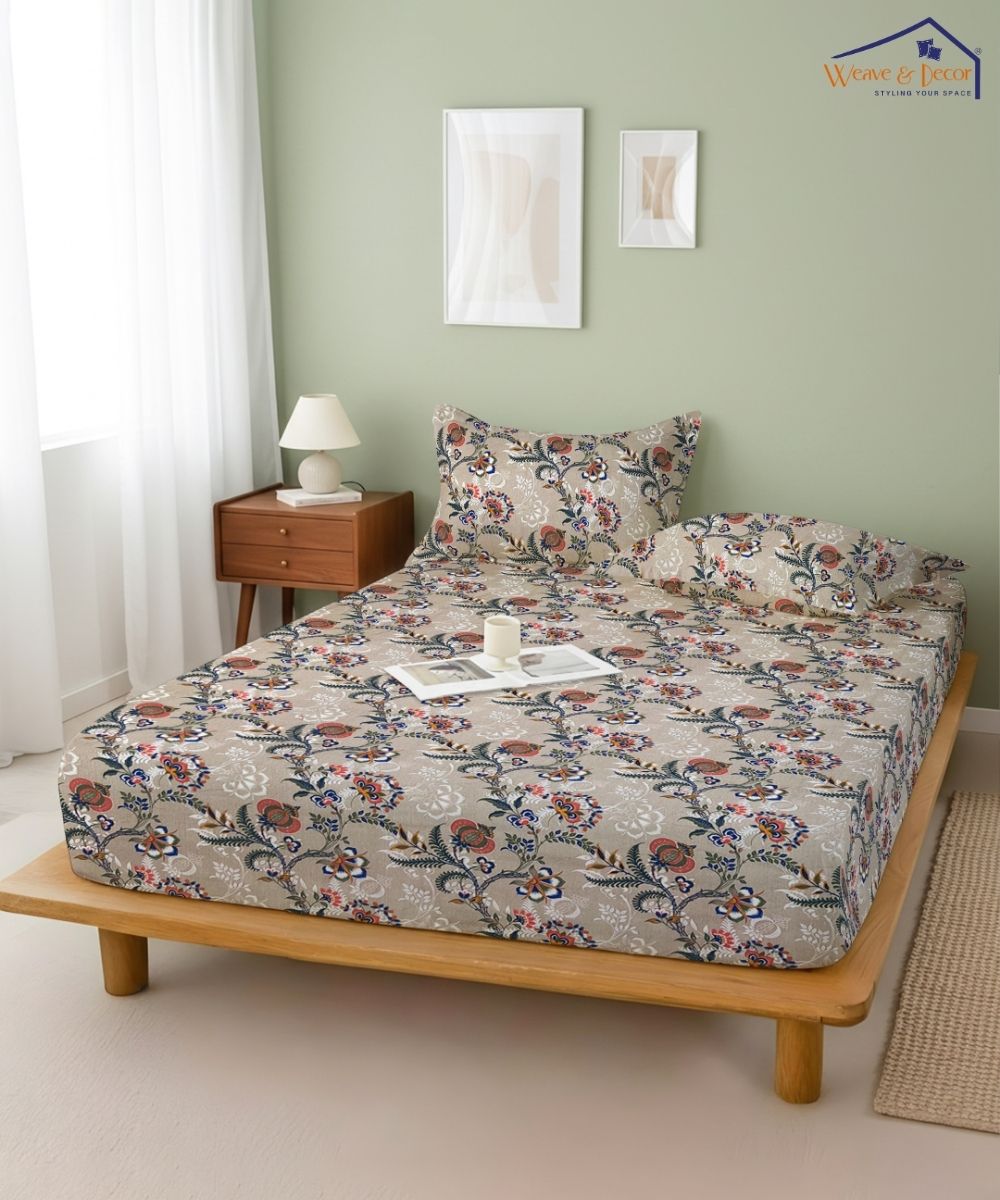 Beige Floral Trail – 130 GSM Cotton Fitted Bedsheet With Pillow Cover