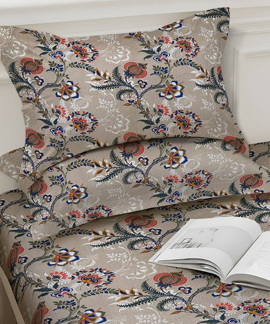 Beige Floral Trail – 130 GSM Cotton Fitted Bedsheet With Pillow Cover