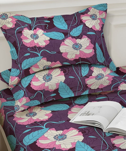 Purple Blossom Floral – 130 GSM Cotton Fitted Bedsheet With Pillow Cover