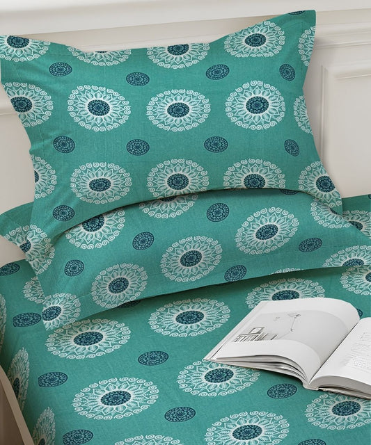 Mint Paisley Elegance  – 130 GSM Cotton Fitted Bedsheet With Pillow Cover