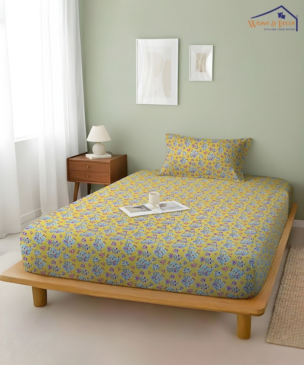 Sunshine Yellow Tiny Floral Elegance  – 130 GSM Cotton Fitted Bedsheet With Pillow Cover