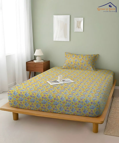 Sunshine Yellow Tiny Floral Elegance  – 130 GSM Cotton Fitted Bedsheet With Pillow Cover