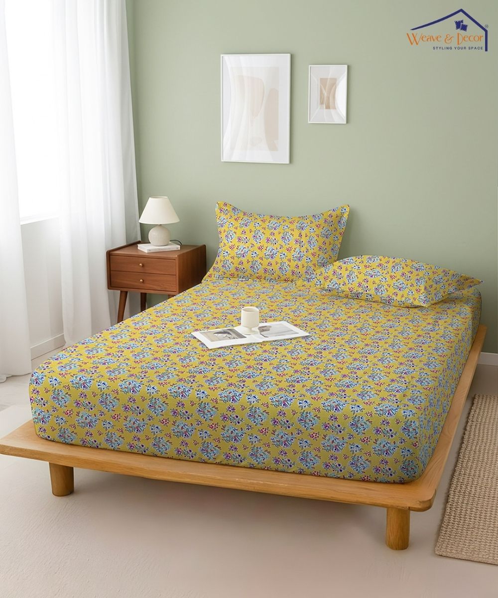 Sunshine Yellow Tiny Floral Elegance  – 130 GSM Cotton Fitted Bedsheet With Pillow Cover