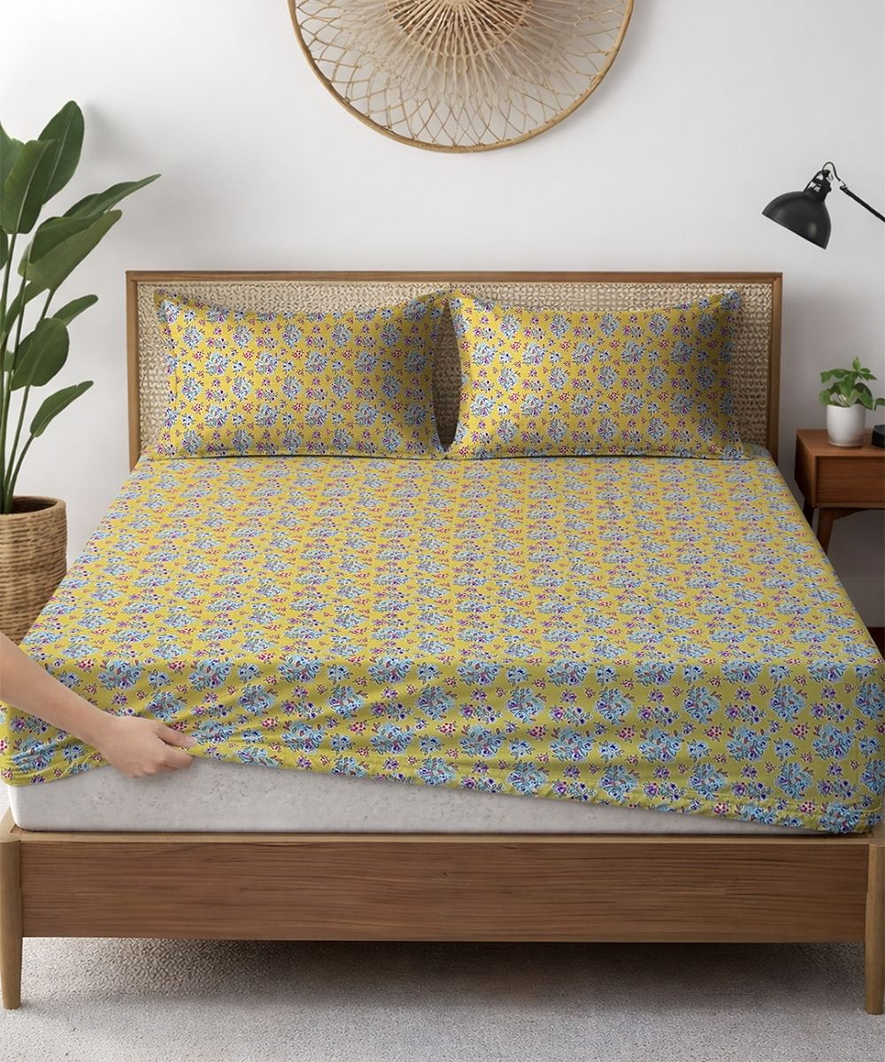 Sunshine Yellow Tiny Floral Elegance  – 130 GSM Cotton Fitted Bedsheet With Pillow Cover