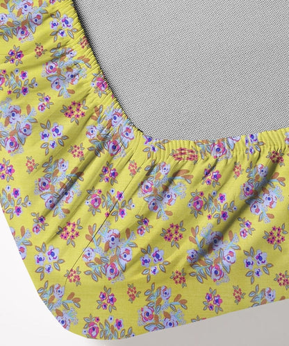 Sunshine Yellow Tiny Floral Elegance  – 130 GSM Cotton Fitted Bedsheet With Pillow Cover