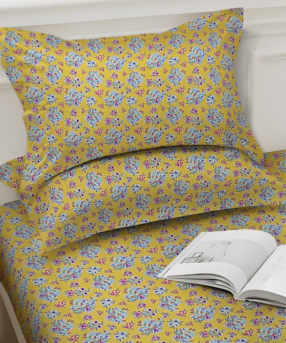 Sunshine Yellow Tiny Floral Elegance  – 130 GSM Cotton Fitted Bedsheet With Pillow Cover