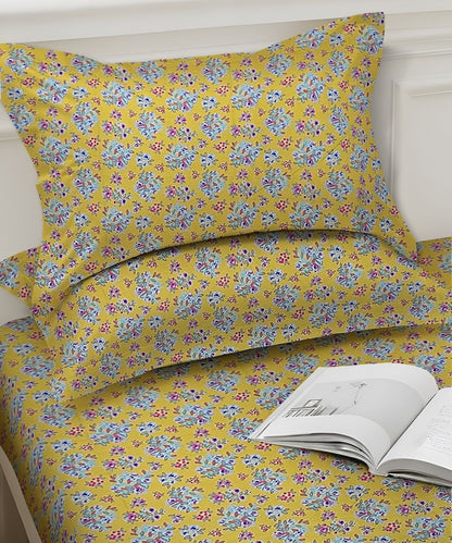 Sunshine Yellow Tiny Floral Elegance  – 130 GSM Cotton Fitted Bedsheet With Pillow Cover